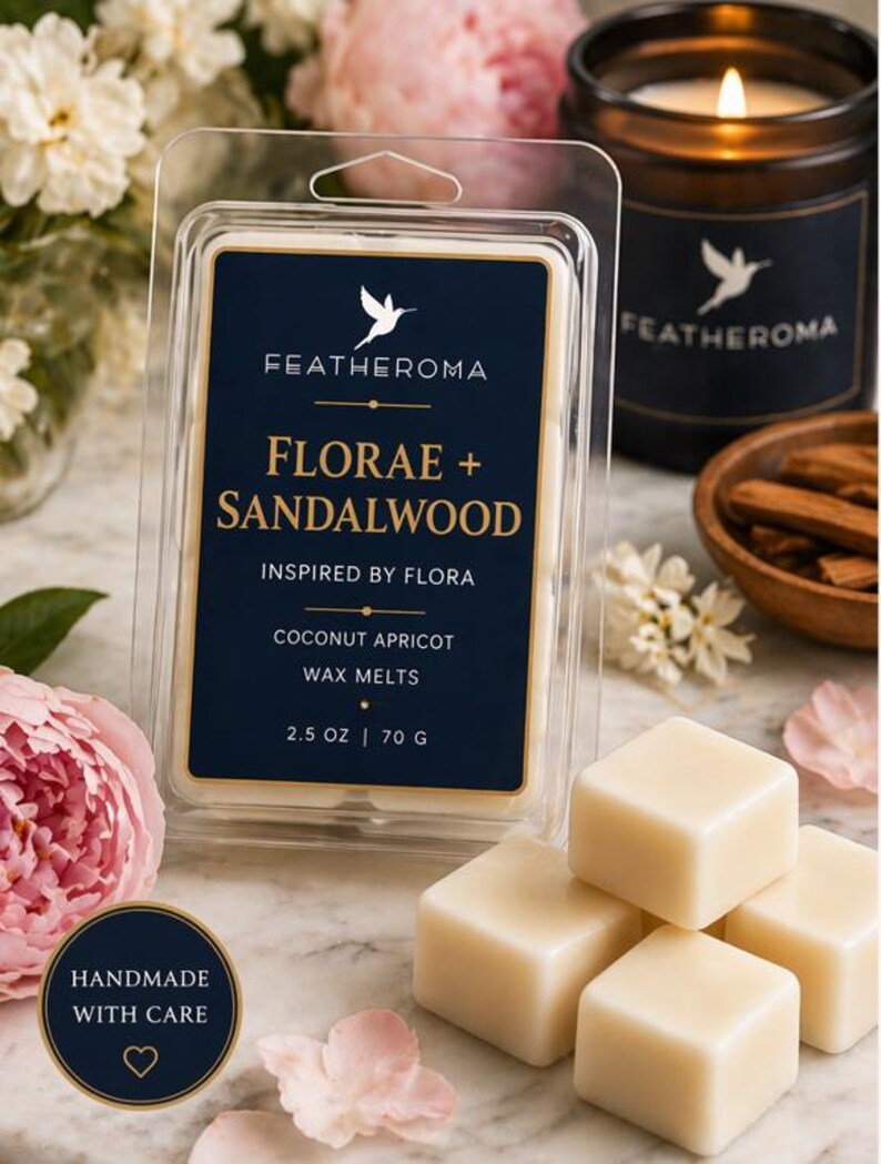 May include: A clear plastic package of wax melts with the text "FLORAE + SANDALWOOD" and "COCONUT APRICOT" on a navy blue label. The package contains 2.5 oz / 70 g of wax melts. A lit candle and loose wax cubes are also visible.