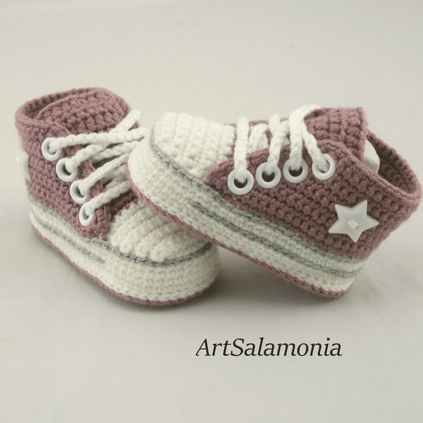 Baby sneakers reinforced double sole Improved quality dark pink baby shoes crochet birthday gift sneakers sneakers