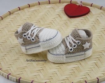 Baby sneakers 9 cm reinforced double sole Improved quality dark beige baby shoes crochet birthday gift, crochet sneakers