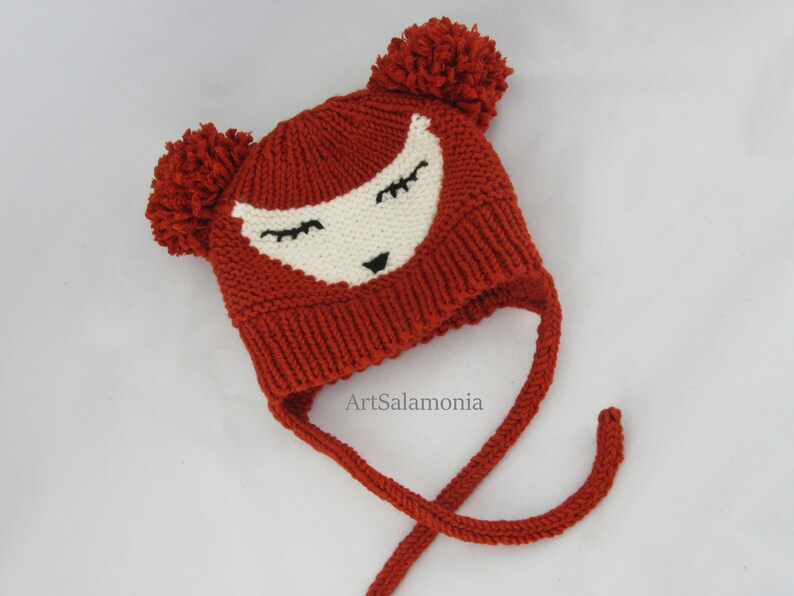 Unisex Fox Beanie Kids Animal Hat Knitted Kids Beanie Fox Kids Winter Hat Orange Baby Hat with 2 Bobbles Fox Baby Hat