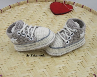 Baby sneakers reinforced double sole Improved quality beige gray baby shoes crochet birthday gift, crochet sneakers