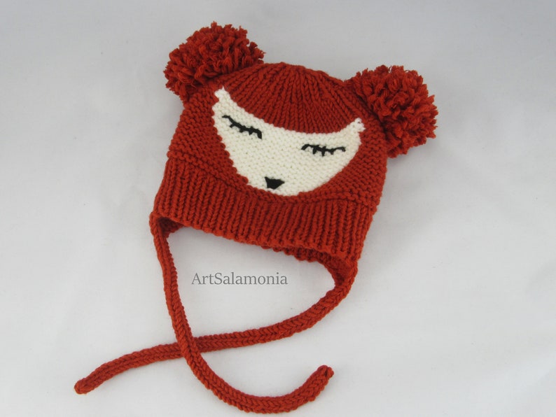 Unisex Fox Beanie Kids Animal Hat Knitted Kids Beanie Fox Kids Winter Hat Orange Baby Hat with 2 Bobbles Fox Baby Hat