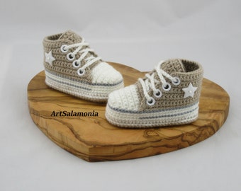 Baby sneakers reinforced double sole Improved quality beige baby shoes crochet birthday gift sneakers sneakers