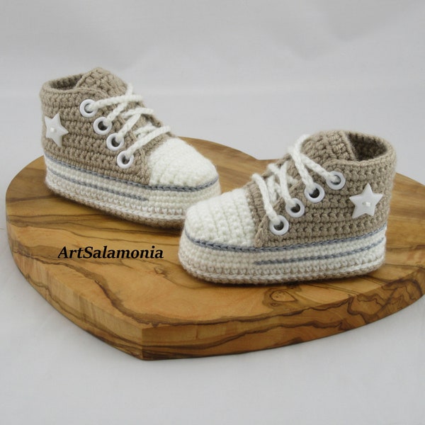 Babyturnschuhe verstärkte doppelte Sohle Verbesserte Qualtät beige Babyschuhe gehäkelt Geburtstag Geschenk Turnschuhe Sneakers