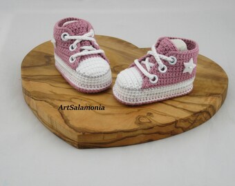 Baby sneakers reinforced double sole Improved quality dark pink baby shoes crochet birthday gift, crochet sneakers