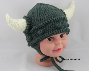 Chapeau Viking 50-52 cm KU Bonnet au crochet Photographie de bébé Chapeau de nouveau-né Chapeau de bébé Vert foncé Petit chapeau d'enfant Viking Chapeau d'hiver