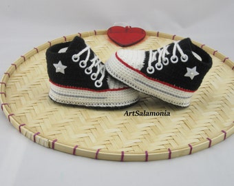 Baby sneakers reinforced double sole Improved quality Baby shoes crochet birthday gift sneakers crochet black white