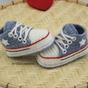 Baby sneakers reinforced double sole Improved quality blue jeans baby shoes crocheted birthday gift sneakers baptism
