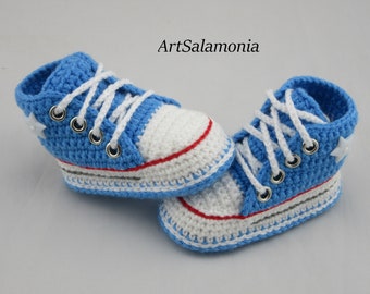 Babyturnschuhe, verstärkte doppelte Sohle, Verbesserte Qualtät,Baby Sneakers blau, Geburtstag Geschenk, Turnschuhe gehäkelt