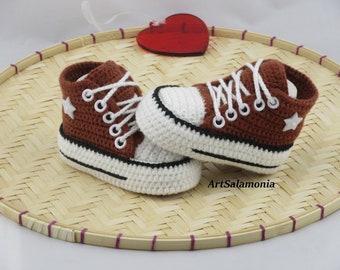 Baby sneakers 12 cm reinforced double sole Improved quality brown baby shoes crochet birthday gift, crochet sneakers