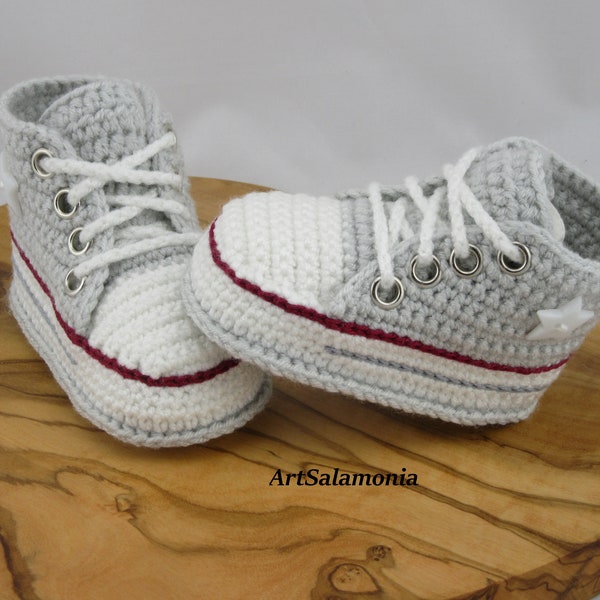 Baby sneakers reinforced double sole Improved quality light gray baby shoes crochet birthday gift crochet sneakers