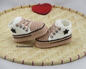 Baby sneakers 10 cm reinforced double sole Improved quality Baby shoes crochet birthday gift sneakers crochet beige shoes