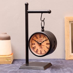 Vintage Style Victoria Dual Side Hanging Metal Table Clock with Black Metal Stand |Table Decor| Study Table |Office Table| Home Decor| Gift