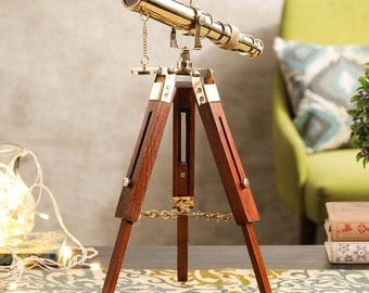 Nautical Brass & Antique Telescope Magnifier Opticals Lens with Wooden Tripod Stand Showpiece