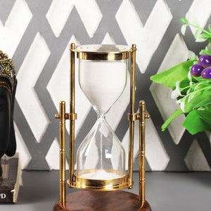 Nautical Antique Brass Hanging Sand Timer with Wooden Stand Sand Glass Sand Clock Vintage Collection for Gift for Home and Office Decor