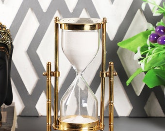 Nautical Antique Brass Hanging Sand Timer with Wooden Stand Sand Glass Sand Clock Vintage Collection for Gift for Home and Office Decor