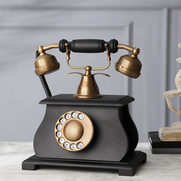 Brass and Wooden Handcrafted Vintage Hut Style Dummy Retro Telephone Showpiece Rotary Dial Black and Antique Finish ( Multiple options )