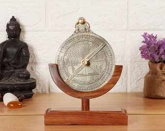 Nautical Brass Astrolabe Showpiece with Wooden Stand Antique Vintage Showpiece