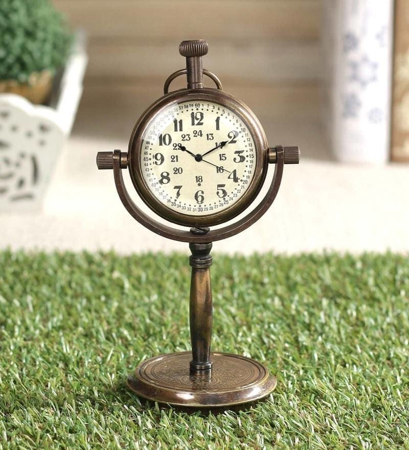 Vintage Brass Table Clock Nautical Antique Pole Stand Victoria Shelf Clock with Stand | Desk Clock | For Bedroom, Office, Study, Living Room
