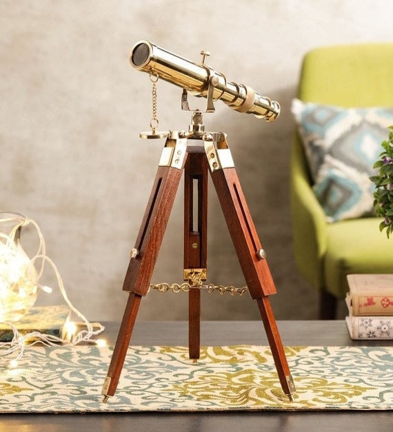 Nautical Brass & Antique Telescope Magnifier Opticals Lens with Wooden Tripod Stand Showpiece