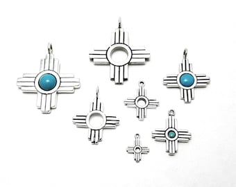 Zia Sun Charm Pendant in Solid Sterling Silver- Available w/ Genuine Turquoise- Zia Pueblo Sacred Symbol adopted by the State of New Mexico