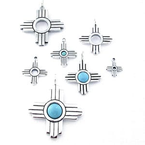 Zia Sun Charm Pendant in Solid Sterling Silver Available with Genuine Turquoise - Zia Pueblo Sacred Symbol - New Mexico State Silver Jewelry