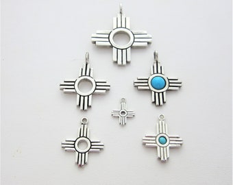 Zia Sun Charm Pendant in Solid Sterling Silver - available with Genuine Turquoise - New Mexico State Symbol and Zia Pueblo Symbol