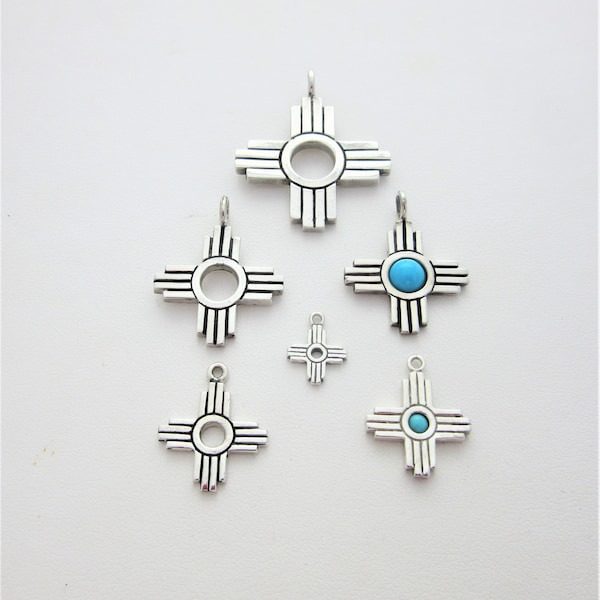 Zia Sun Charm Pendant in Solid Sterling Silver - available with Genuine Turquoise - New Mexico State Symbol and Zia Pueblo Symbol