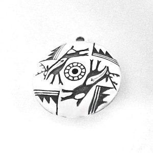 Seed Storage Pot Charm w/Elk & Geometric Design in Sterling Silver. Pot sherds are often broken seed jars cracked open for next planting.