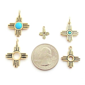 Zia Sun Charm in 14kt Gold - Zia Pueblo Sun Symbol in Solid 14kt Gold with Genuine Turquoise - 14kt New Mexico State Symbol. 14kt Jewelry