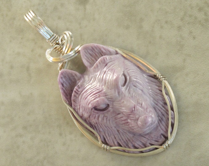 Lavender Jade Wire Wrapped Carved Stone Pendant - Wolf - Carving Natural Stone - Turkish Purple Jade - Item 825B