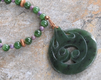 Big Sur Jade - Natural Purple Jade - Copper and Natural Russian Nephrite Beaded Necklace with Pendant OOAK - Item 014