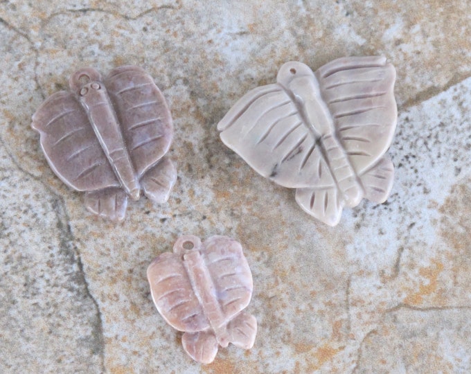 LOT OF 3 - Purple Jade Pendants -Butterfly - Lavender gemstone - Natural Carved Jadeite Stone Beads - Undyed Untreated - Item 843