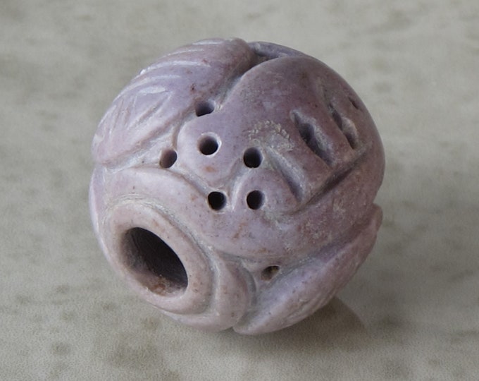CLEARANCE Extra Large Carved Round Purple Jade Bead - Natural Stone Focal Bead - Elephant and Long Life Symbol - Lavender Round - Item 818