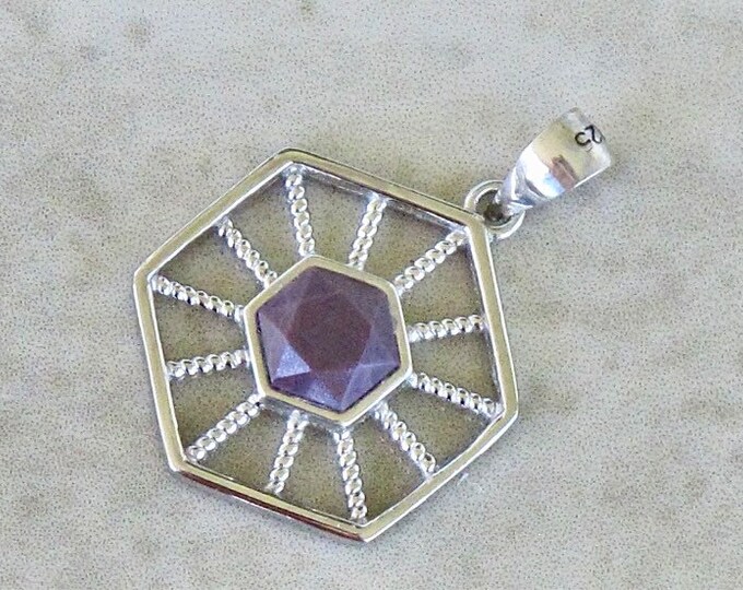 SALE Faceted Turkish Purple Jadeite Jade Pendant - Hexagon 6 side Starburst - Natural Stone - Gemstone & Sterling Silver IMPERFECT- Item 792