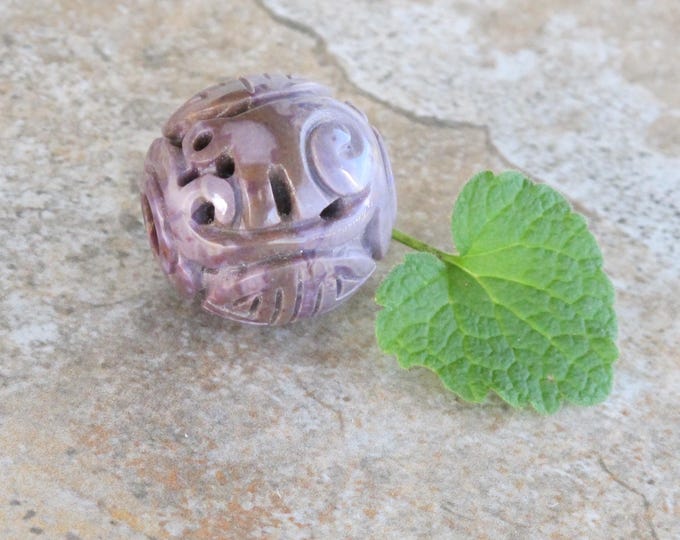 SALE Extra Large Carved Round Purple Jade Bead - Natural Stone Focal Bead - Elephant and Long Life Symbol - Lavender Round - Item 817M