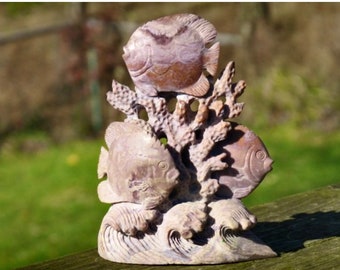 Large Turkish Purple Jade Stone Carving - Hand carved - Lavender Jadeite - Fish Ocean Sea Coral - Item 008
