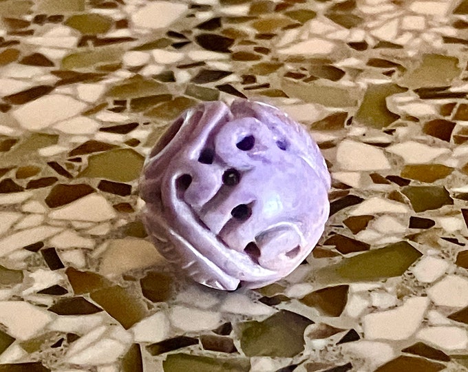 Large Carved Round Purple Jade Bead - Natural Stone Focal Bead - Elephant and Chinese Long Life Symbol - Lavender Round - Item 593