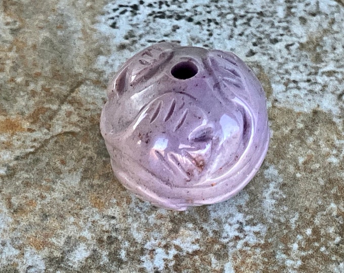 SALE Large Carved Round Purple Jade Bead - Natural Stone Focal Bead - Gingko Leaves - Tree Nature - Lavender Taupe Round - Item 879
