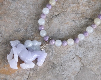 Natural Lavender Burmese Jadeite and Turkish Purple Jade Beaded Necklace - Horse Pendant Necklace - Sterling Silver - Item 017