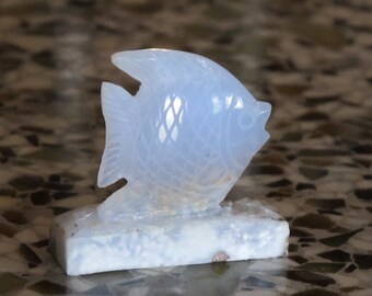 Turkish Chalcedony Stone Carving - Hand carved - Blue Chalcedony - Fish Ocean Sea - Item 021