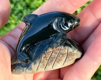 Nephrite Jade Stone Carving - Hand carved - Dark Green Russia Nephrite - Fish Sea - Item 004