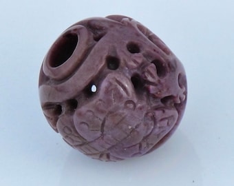 SALE Large Carved Round Purple Jade Bead - Natural Stone Focal Bead - Butterfly - Lavender Round - Item 592