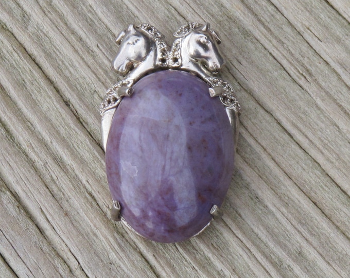 Purple Jade Pendant - Large Horse Pendant - Natural Stone Sterling Silver - Item 352
