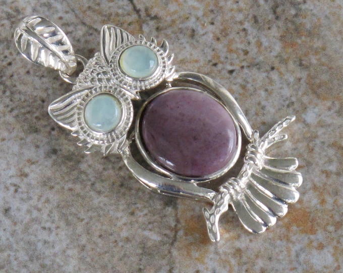 Owl Jade Pendant - Turkish Lavender Jadeite and Chrysoprase - Natural Stone - Gemstone and Sterling Silver - Item 356