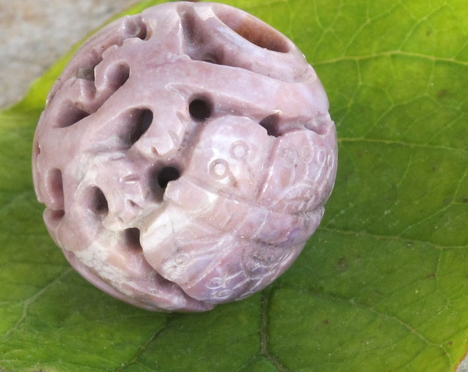 SALE Extra Large Carved Round Turkish Purple Jade Bead - Natural Stone Carved Focal Bead - Butterfly - Lavender Round - Item 900F