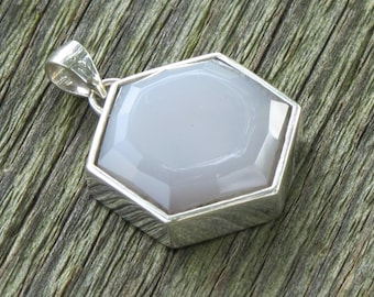 Chalcedony Pendant - Hexagon 6 sides - Natural Turkish Stone - Light Pink color change to Blue Gemstone and Sterling Silver - Item 793b