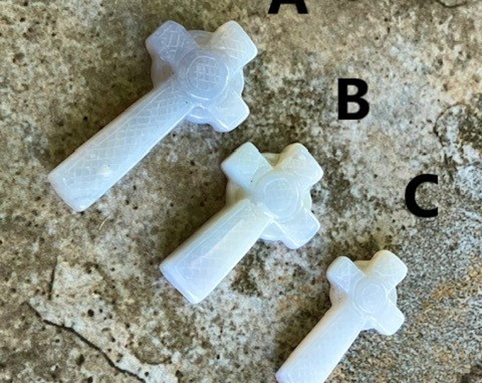 Blue or Pink Chalcedony Pendant - Celtic Cross Crucifix Carved Pendant Bead - Natural Stone - Item 515