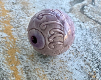 Large Carved Round Purple Jade Bead - Natural Stone Focal Bead - Peacock Bird - Lavender Taupe Round - Item 893