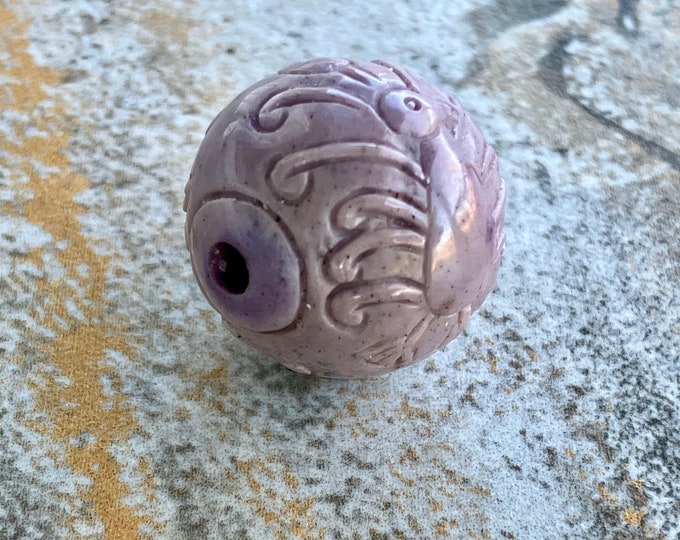 Large Carved Round Purple Jade Bead - Natural Stone Focal Bead - Peacock Bird - Lavender Taupe Round - Item 893